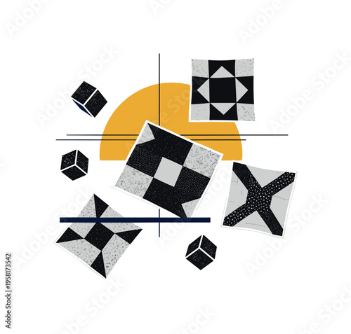 retro textile inspired composition with floating faded quilt fragments, black and white patchwork fabric pieces outlined in white, bold mustard