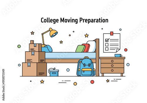 College moving day preparation a compact dorm room scene with stacked boxes, a backpack, and a checklist note suggesting organized packing and a smooth