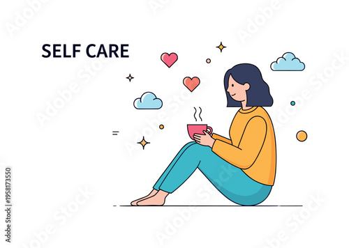 Self care reflection moment showing a person sitting with a cup of tea while small heart and cloud icons float nearby. The scene communicates calm emotional