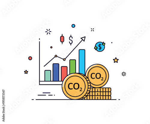 Carbon market pricing concept showing a small price chart rising beside eco coins marked ?CO2?. The scene suggests the financial valuation of emissions and