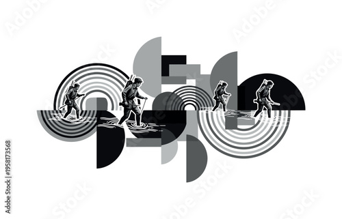 hunters crossing river, geometric semicircles circles and abstract blocks illustrating journey and challenge, black and white retro realistic figures with