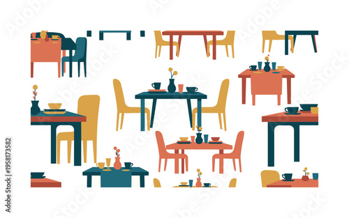 dining room furniture seamless pattern, tables, empty chairs, plates, cups and simple table decorations arranged in a repeating pattern, white background with