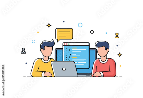 Software engineering teamwork two simplified figures reviewing a laptop with shared code on screen, small chat bubble indicating collaboration. A friendly