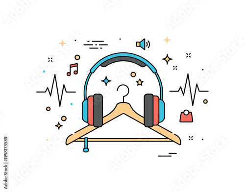 Music and fashion culture stylish headphones resting on a clothing hanger surrounded by small star sparkles and rhythm lines suggesting the connection between