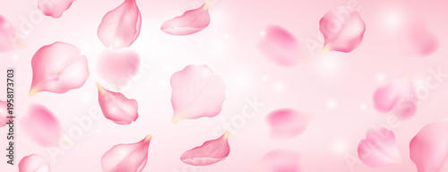 Delicate pink petals drift gracefully in a light breeze against a soft pastel pink background. This romantic illustration captures beauty and tranquility.