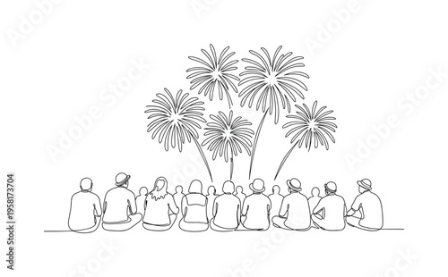 Patriotic Fireworks Scene. Minimalistic one-line drawing crowd seated outdoors watching bright fireworks on Independence Day, continuous single black line on