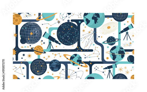 space mapping seamless pattern, galactic grids, star maps, planets, constellations, telescopes and orbit paths arranged in a repeating pattern, white