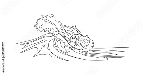 Ocean Adventure. Minimalistic one-line drawing surfer navigating powerful ocean waves, continuous single black line on white background, simple outline style,