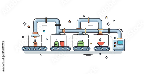 Industrial process workflow factory machinery connected by pipes and conveyor belts moving simple product shapes through different production stages. Clear