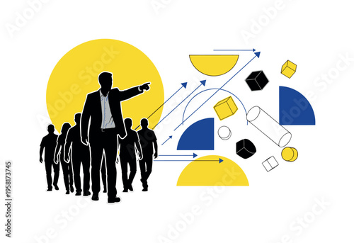 black and white leader pointing forward while a team follows behind, cut-out figures with white outline effect, bold yellow circle behind the leader