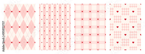 Cute pastel pink set of seamless pattern with tiny hearts. Gingham, plaid, stripes and rhombus print for wrapping paper, textile and fabric. Girly backgrounds. Vector illustration