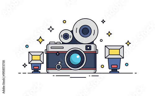Retro camera vintage film camera with round lens and small flash sparkle icons symbolizing analog photography and nostalgic creative moments. The scene