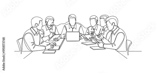 Collaborative Discussion. Minimalistic one-line drawing people seated in an office setting brainstorming with notebooks and devices, continuous single black