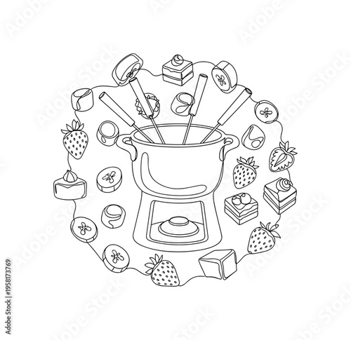 Chocolate Party. Minimalistic one-line drawing fondue pot surrounded by bite-sized desserts ready for dipping, continuous single black line on white