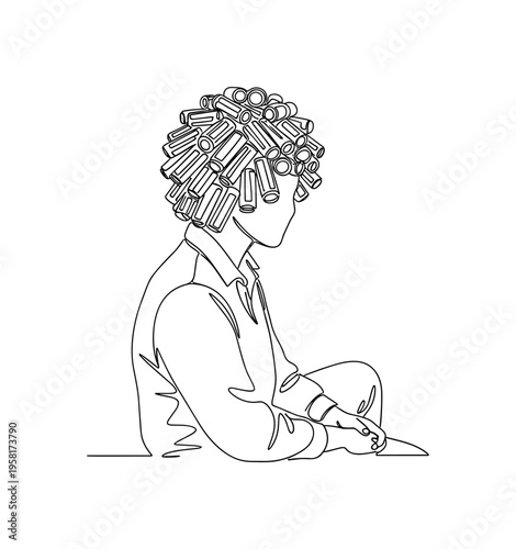 Client with Hair Rods. Minimalistic one-line drawing person seated with perm rods covering hair, continuous single black line on white background, simple