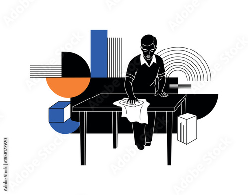 person wiping table with cloth abstract semicircles lines and geometric blocks symbolizing maintaining cleanliness black and white retro human figure and cloth