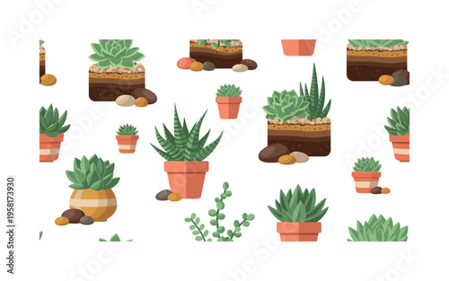 succulent garden seamless pattern, potted succulents, pebbles, tiny planters, soil layers and decorative stones arranged in a repeating pattern,