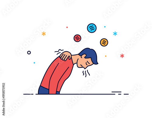 Burnout body posture person leaning forward with heavy shoulders and head lowered while small fatigue symbols float nearby. The scene represents emotional and