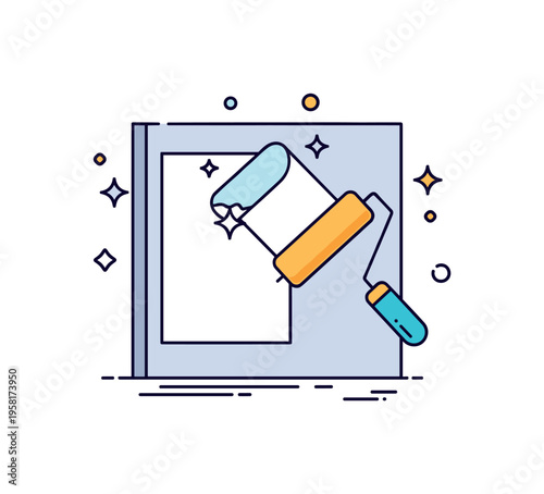 Interior makeover process illustrated by a roller smoothly covering a blank wall panel while tiny sparkle accents suggest cleanliness and freshness. The