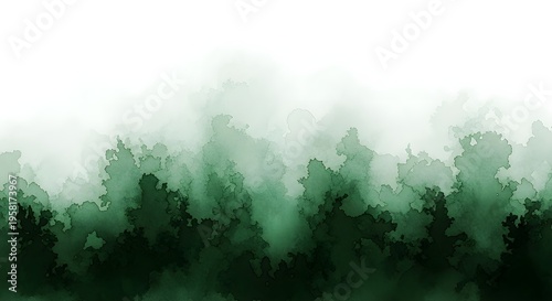 Abstract Watercolor Painting with Shades of Deep Forest Green and Misty White