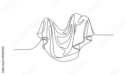 Decorative Fabric Fold. Minimalistic one-line drawing elegant draped decorative textile cloth with soft folds forming ornamental shapes, continuous single