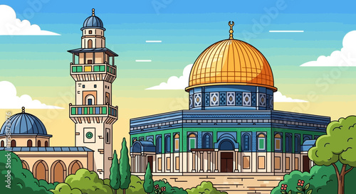 Dome of the Rock and Al-Aqsa Mosque, iconic religious landmarks in Jerusalem, depicted in a vibrant illustration with blue skies and green foliage