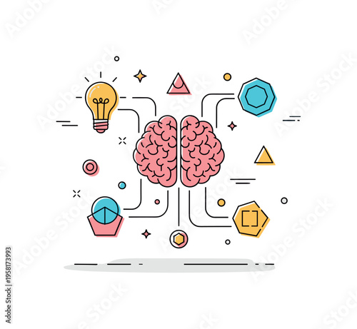 Neural pathways of imagination illustrated with a brain diagram connected to floating idea icons like a lightbulb and geometric shapes. The scene reflects how