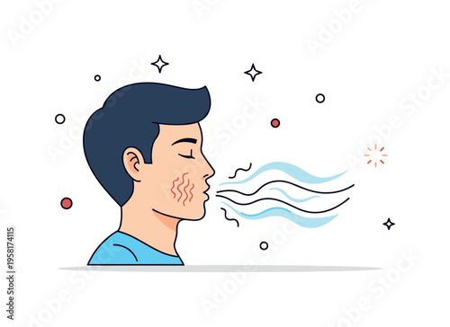 Controlled breathing technique a person closing their eyes and slowly breathing while tension marks dissolve into smooth air waves representing mental clarity