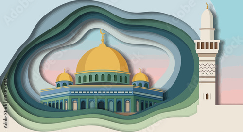 Layered Paper Cut Illustration Showcasing a Revered Golden-Domed Edifice and Minaret, Embodying Sacred Architecture and Rich Cultural Heritage