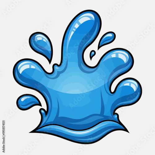 Vibrant blue water splash illustration with fluid dynamics and splashing droplets, representing refreshment and purity