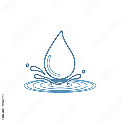 Stylized graphic illustration of a blue water drop falling and creating a splash with concentric ripples, symbolizing purity, hydration, and ecological conservation