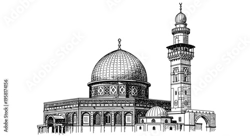Intricate black and white illustration of a magnificent Middle Eastern mosque featuring a grand dome and a towering, elegant minaret, embodying spiritual and historical architectural beauty