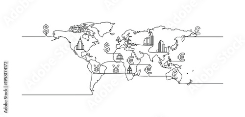 Cross-Border Investment. Minimalistic one-line drawing stylized building and currency symbols connected across map indicating FDI, continuous single black line