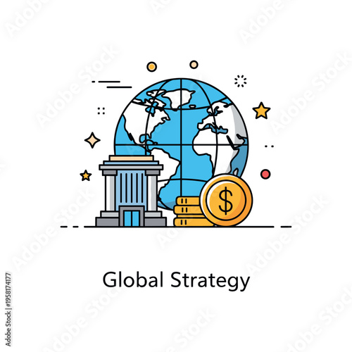 Economic integration through foreign investment depicted by a globe overlapping with a building and coin icon. A compact ?Global Strategy? caption reinforces