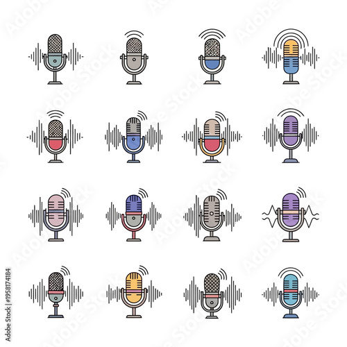 Diverse Vector Set of Microphone Graphics, Featuring Dynamic Sound Waves for Audio Recording, Live Streaming, and Digital Media Production