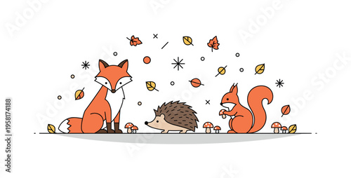 Autumn forest animals scene showing a fox, hedgehog, and squirrel surrounded by fallen leaves and tiny mushrooms, emphasizing seasonal woodland beauty and