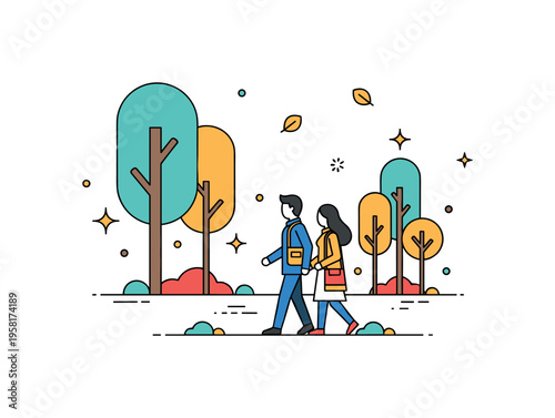 Couple walking through autumn forest pair strolling under stylized trees with falling leaves and small star accents suggesting a romantic seasonal walk. The