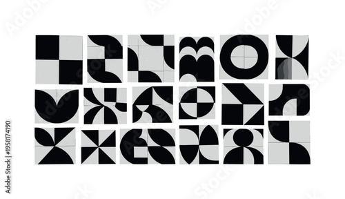 quilt blocks being arranged, geometric squares semicircles and abstract shapes representing pattern experimentation, black and white retro realistic quilt