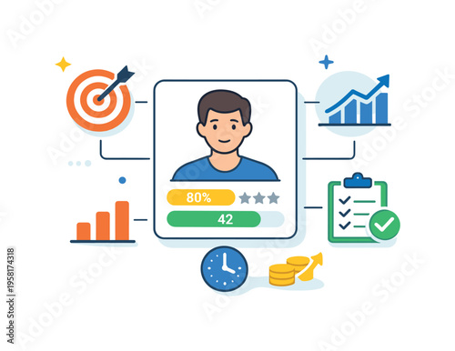 Employee productivity analytics represented by a profile card connected to performance metrics, symbolizing individual contribution and data-driven evaluation.