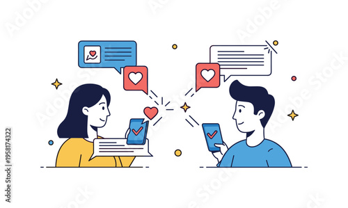 Digital communication and relationships with two people exchanging messages while heart icons and small spark accents float between them. The composition