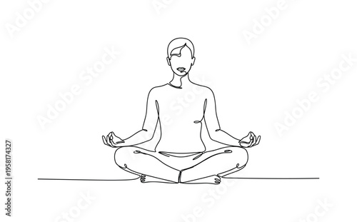 Inner Peace Meditation. Minimalistic one-line drawing peaceful figure meditating with hands in mudra gesture symbolizing calm awareness, continuous single