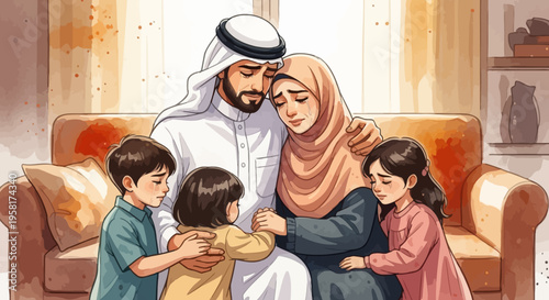 Arabian family sitting on sofa together.