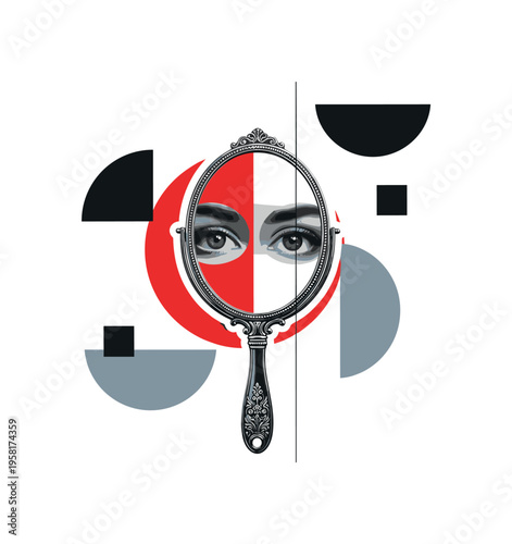 Black and white retro hand mirror reflecting a duplicated eye staring outward, bold red circle partially hidden behind the mirror, thin vertical line dividing