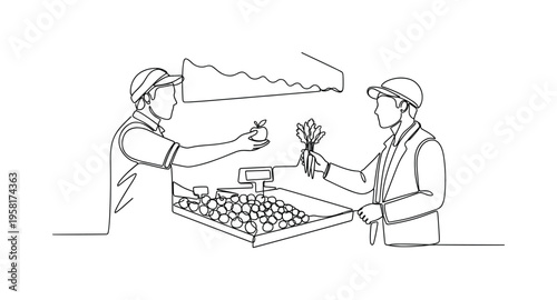 Handing Over Produce. Minimalistic one-line drawing vendor giving fresh produce to a customer at market stall, continuous single black line on white