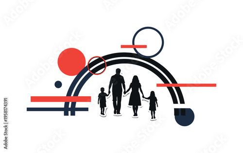 black and white family walking together holding hands forming a gentle arc composition, cut-out collage object with white outline, abstract circles and