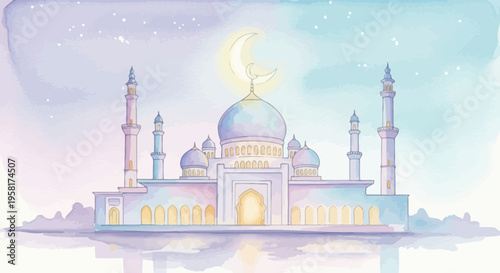 Beautiful Mosque with Minarets and Dome.