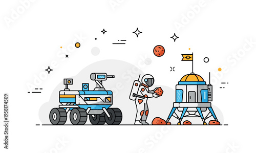 Mars exploration routine centered on a rover parked beside a tiny research station while a suited astronaut studies a rock sample. The scene highlights