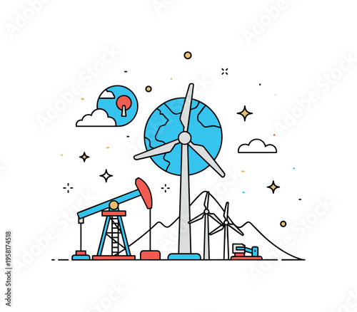 Climate action energy shift with a wind turbine rising where an oil pumpjack once stood. The composition represents the global movement toward decarbonization