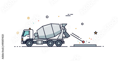 Industrial concrete mixer truck depicted with its rotating drum extended toward a small slab outline, expressing large scale construction and coordinated site