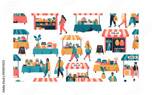temporary retail markets seamless pattern, pop-up shops, street vendors, shoppers, signage, bags and display tables arranged in a repeating pattern, white